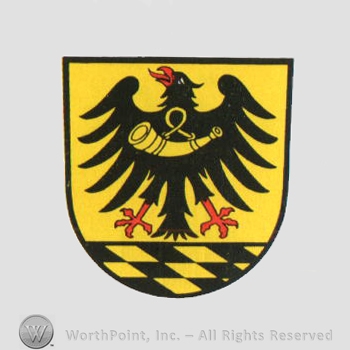Heraldry: shield, eagles, horn, diamond pattern.