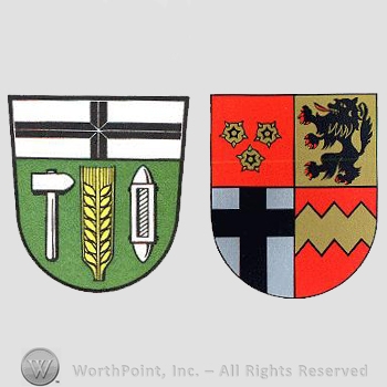 Heraldry: two shields, crosses, hammer, wheat spice, cinquefoils, lion, waving line.
