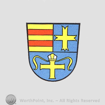 Heraldry: shield, crosses, red lines, priest hat.