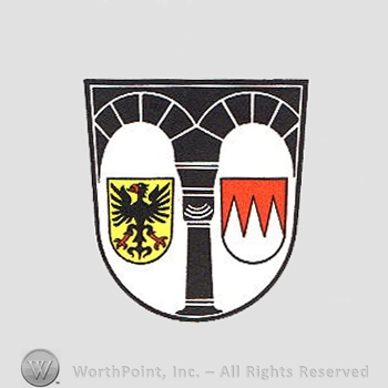 Heraldry: shield, arches and column, shield with eagle, three piles inside a shield.