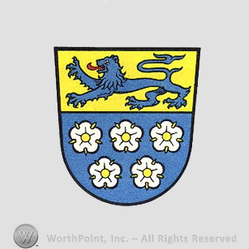 Heraldry: shield, lion, cinquefoils.