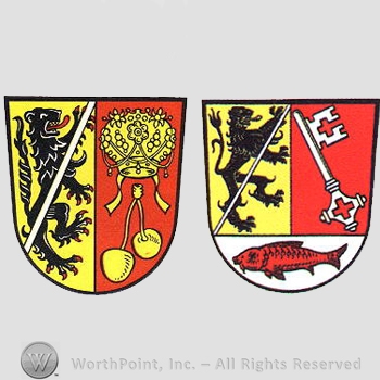 Heraldry: two shields, panther, lion, key, fish, cherries, priest hat.