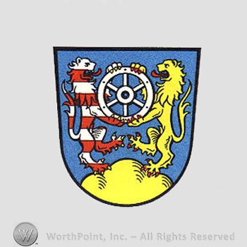 Heraldry: shield, liuons holding wheel, hills.