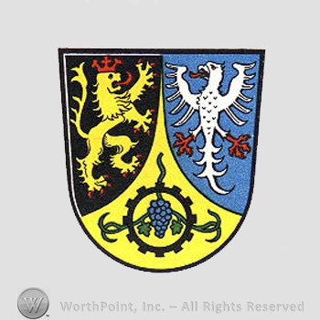 Heraldry: shield, lion, eagle, grapes, cog wheel.