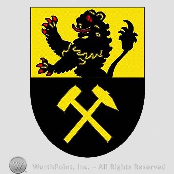 Heraldry: shield, lion, hammers.
