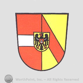 Heraldry: shield, red and white bar, eagle inside shield.