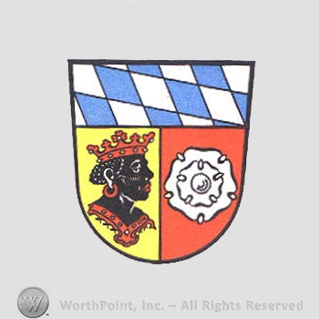 Heraldry: shield, moor's head, cinquefoil, diamond pattern.