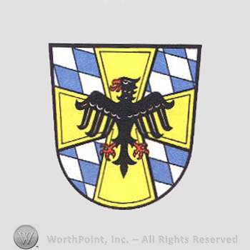 Heraldry: shield, maltese cross, eagle, diamond pattern.