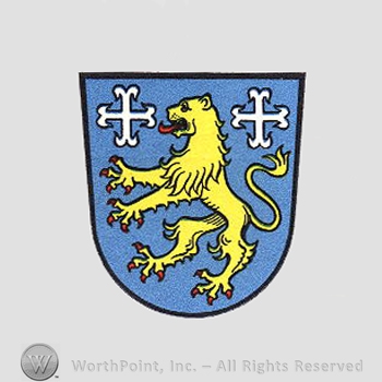 Heraldry: shield, crosses, lion.