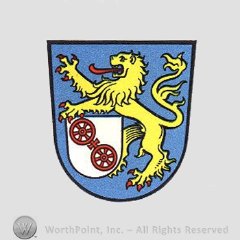 Heraldry: shield, lion, two wheels.