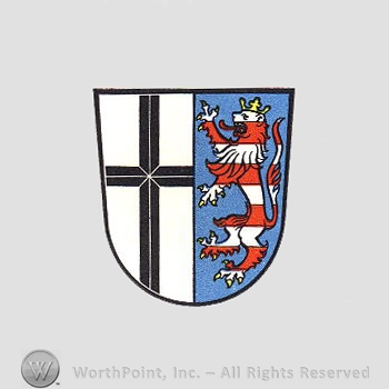 Heraldry: shield, cross, lion rampant.