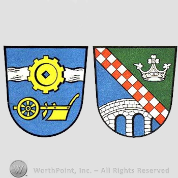 Heraldry: two shields, wheel, plough, crown, chequered field, waving line, castle walls.