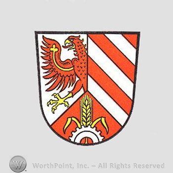 Heraldry: shield, eagle, wheat spice, red lines.