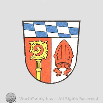Heraldry: shield, monastery stick, chequered field, priest hat.