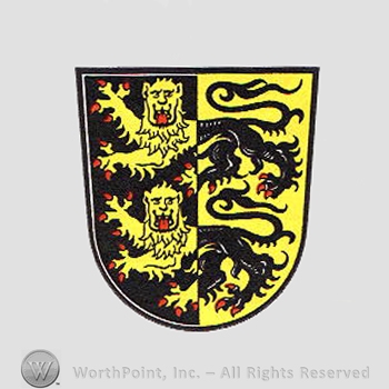 Heraldry: shield, lions.