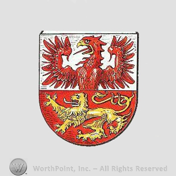 Heraldry: shield, eagle, lion.