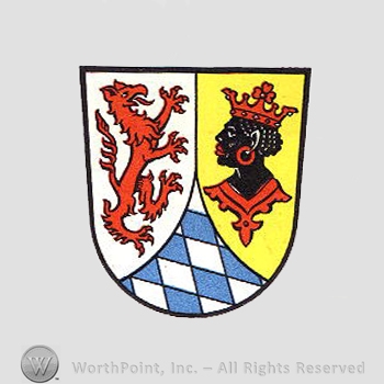 Heraldry: shield, moo's head, griffin, diamond pattern.