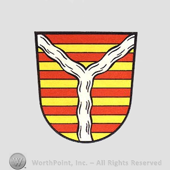 Heraldry: shield, yellow and red lines, waving line.