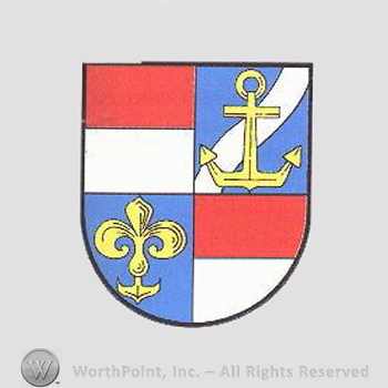 Heraldry: shield, rectangles, anchor, fleur-de-lis.