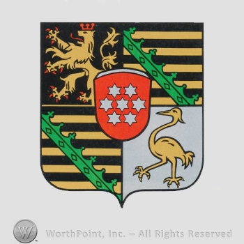 Heraldry: shield, lion, ring and crown bar, stork, brown lines, stars inside small shield.