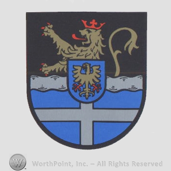 Heraldry: shield, lion rampant, cross, waving line, eagle inside shield.