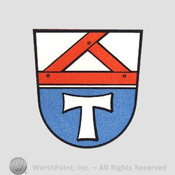 Heraldry: shield, wood beams, letter T.