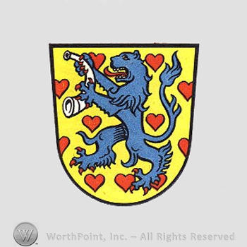 Heraldry: shield, horn, lion, hearts.