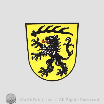 Heraldry: shield, lion, deer antler.