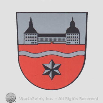 Heraldry: shield, castle, star, waving line.
