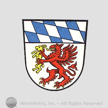 Heraldry: shield, griffin holding a dog, diamond pattern.