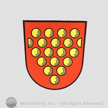 Heraldry: shield, yellow balls.