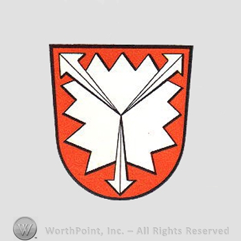 Heraldry: shield, arrows, leaf.