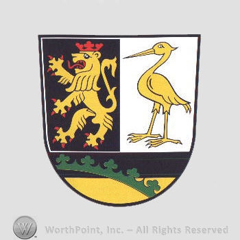 Heraldry: lion, staork, ring and crown bar.