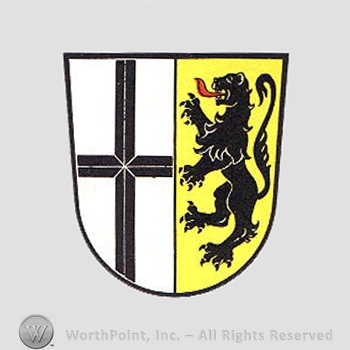 Heraldry: shield, cross, lion.