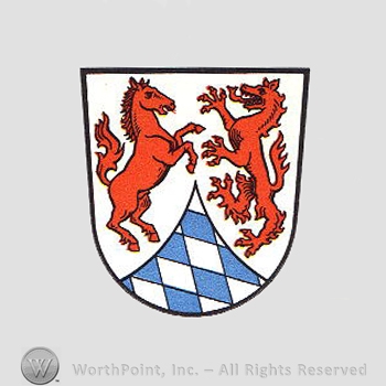 Heraldry: shield, horse, panther, diamond pattern.