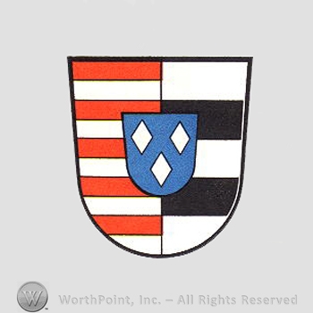 Heraldry: red lines, black lines, diamonds and shield.