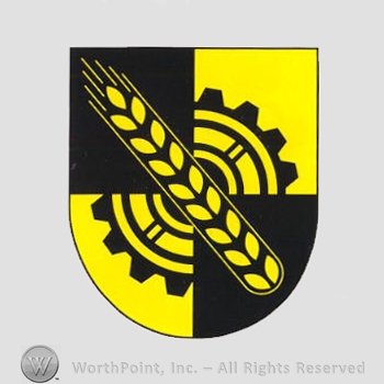 Heraldry: shield, wheat spice, cog wheel.