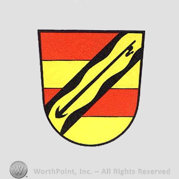 Heraldry: shield, arrow, red and yellow bars.