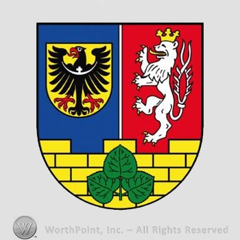Heraldry: shield, eagle, lion, bric wall, leavez.