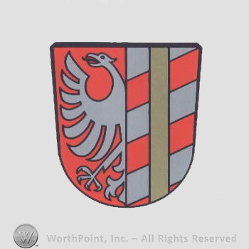 Heraldry: shield, eagle, lines.