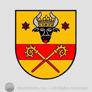 Heraldry: bull head, crown, stars, monastery sticks, shield.