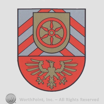 Heraldry: shield, eagle, wheel.