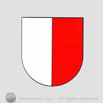 Heraldry: shield half red half white.