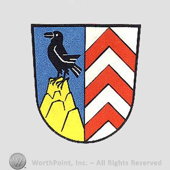 Heraldry: raven, mountain, shield, red lines.