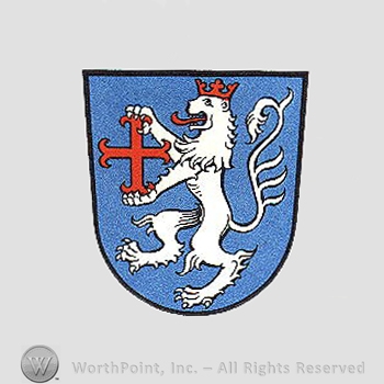 Heraldry: shield, lion, hook cross.