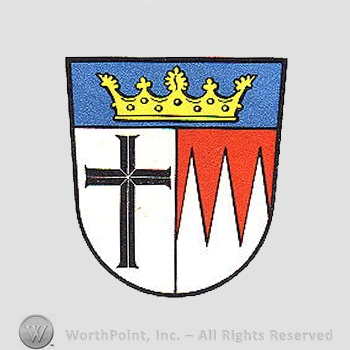 Heraldry: shield, crown, cross, three pilars.