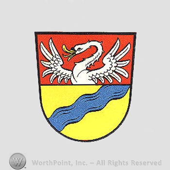 Heraldry: shield, swan, waving line.
