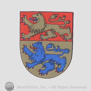 Heraldry: shield, lions.