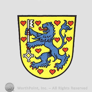 Heraldry: shield, lion rampant, key, hearts.
