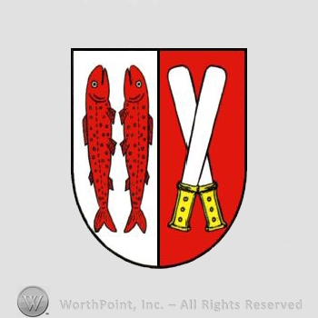 Heraldry: shield, two knives, two fishes.